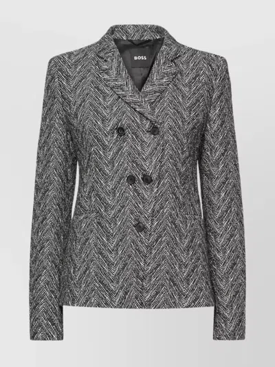 Hugo Boss Herringbone Pattern Double-breasted Coat In Gray