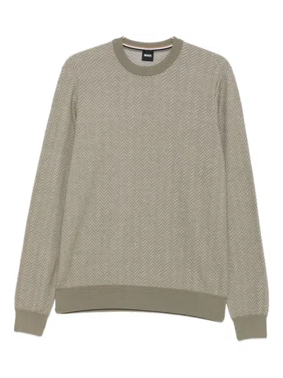 Hugo Boss Herringbone-pattern Sweater In Gray