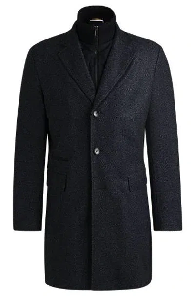 Hugo Boss Herringbone Slim-fit Coat With Detachable Zip-up Inner In Dark Blue