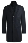 Hugo Boss Herringbone Slim-fit Coat With Detachable Zip-up Inner In Dark Blue