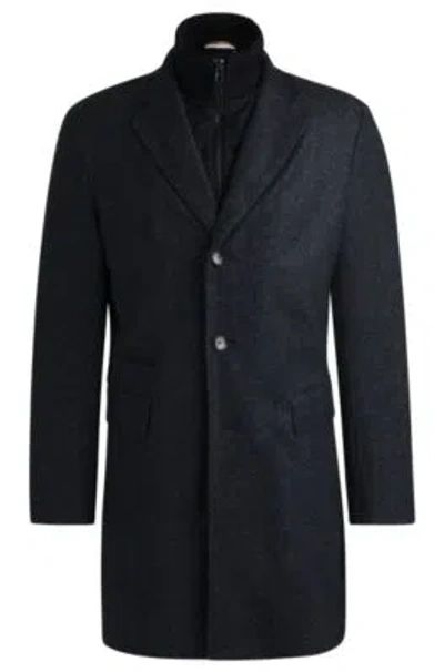 Hugo Boss Herringbone Slim-fit Coat With Detachable Zip-up Inner In Dark Blue