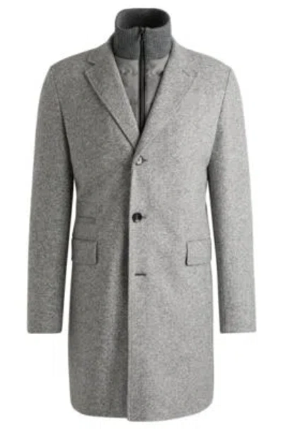 Hugo Boss Herringbone Slim-fit Coat With Detachable Zip-up Inner In Grey