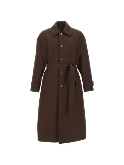 Hugo Boss Herringbone-pattern Belted Coat In Brown