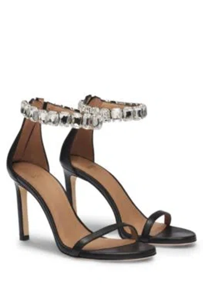 Hugo Boss High-heeled Sandals In Nappa Leather With Rhinestone Strap In Black