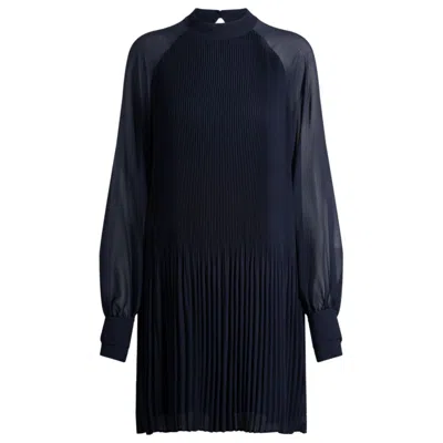 Hugo Boss High-neck Dress With Plissé Pleats And Sheer Sleeves In Blue