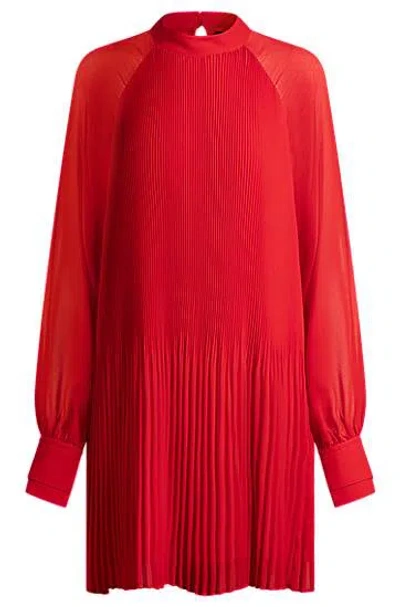 Hugo Boss High-neck Dress With Plissé Pleats And Sheer Sleeves In Bright Red