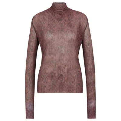Hugo Boss High-neck Top In Plissé Tulle In Burgundy