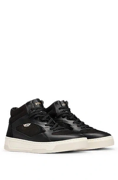 Hugo Boss High-top Trainers In Mixed Leathers In Black