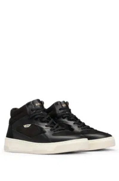 Hugo Boss High-top Trainers In Mixed Leathers In Black