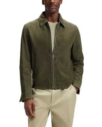 Hugo Boss H-malbano Leather Jacket In Green