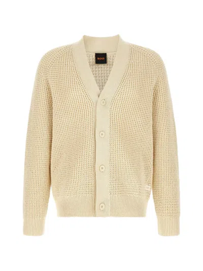 Hugo Boss Honeycomb-knit V-neck Cardigan In Neutral