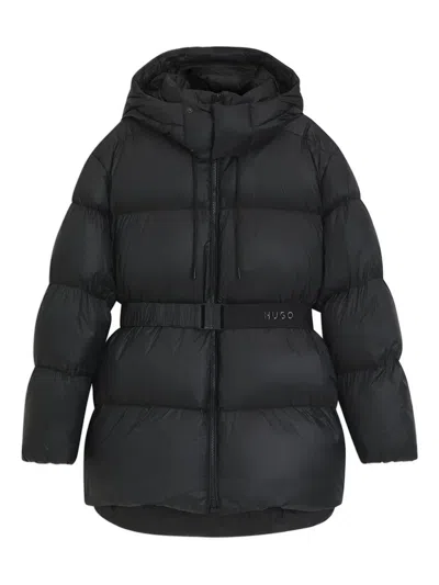 Hugo Boss Hooded Belted Coat In Black