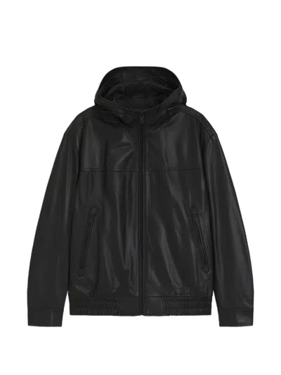 Hugo Boss Hooded Leather Jacket In Black