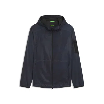 Hugo Boss Hooded Parka Jacket With All-over Print In Blue