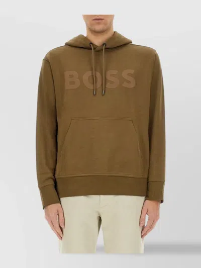 Hugo Boss Hooded Sweatshirt With Kangaroo Pocket And Ribbed Finish In Brown