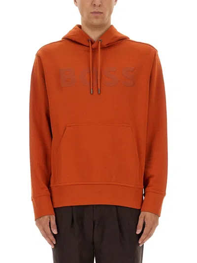 Hugo Boss Sweater Hood Kangaroo Pocket In Orange