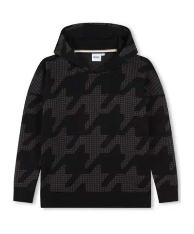 Hugo Boss Houndstooth-print Cotton Hoodie In Black