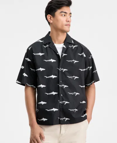 Hugo Boss Printed Relaxed-fit Shirt In Cotton Poplin In Black