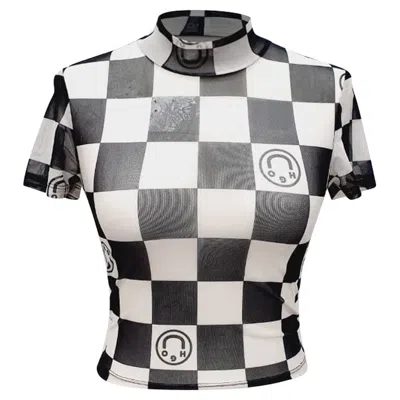 Hugo Boss Hugo Dalorra Checkered Print Mesh Crop Top In Multicolor Polyester In Gray