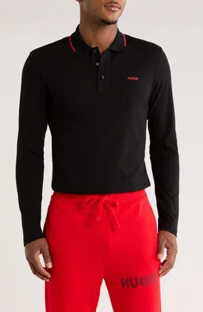 Hugo Boss Hugo Derriko Long Sleeve Cotton Polo In Black