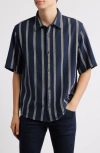 Hugo Boss Hugo Eralino Loose Fit Stripe Short Sleeve Cotton Blend Button-up Shirt In Blue