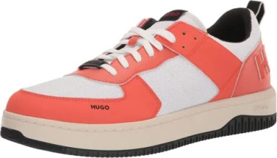 Pre-owned Hugo Boss Hugo Men's Chunky Leather Low Profile Sneakers In Papaya Orange/bright White