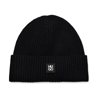 HUGO BOSS HUGO MEN'S XOLA PATCH LOGO WOOL BEANIE, BLACK