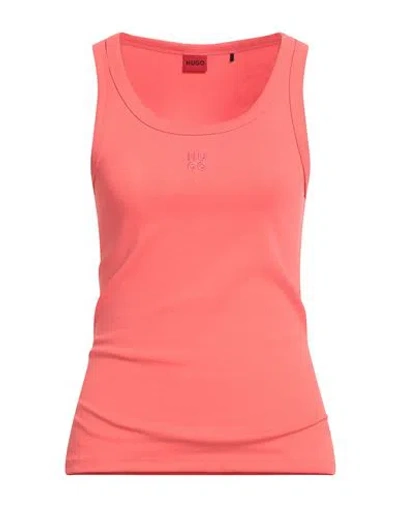 Hugo Boss Hugo Woman Tank Top Coral Size L Cotton, Recycled Polyester, Elastane In Red