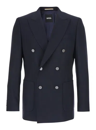 Hugo Boss Huston Blue Double-breated Jacket With Peak Revers And Rear Single Vent In Wool Blend Man