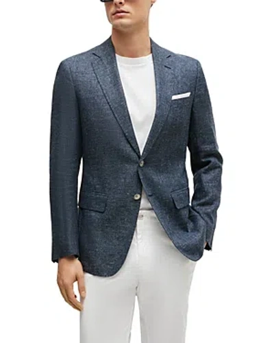 Hugo Boss Slim-fit Jacket In Patterned Virgin Wool And Linen In Dark Blue