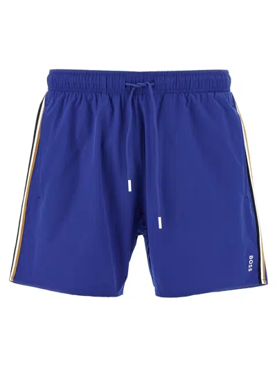 Hugo Boss Boss Iconic Side Stripe Swim Trunks In Blue