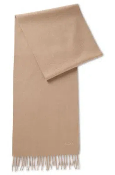 Hugo Boss Italian-cashmere Scarf With Fringing And Embroidered Logo In Beige