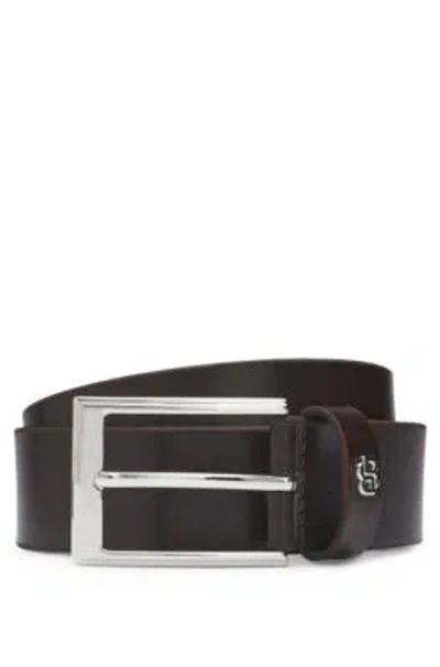 Hugo Boss Italian-leather Belt With Double B Monogram Keeper In Dark Brown