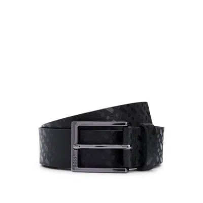 Hugo Boss Italian-leather Belt With Embossed Monograms In Black