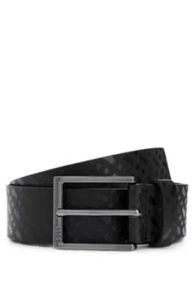 Hugo Boss Italian-leather Belt With Embossed Monograms In Black