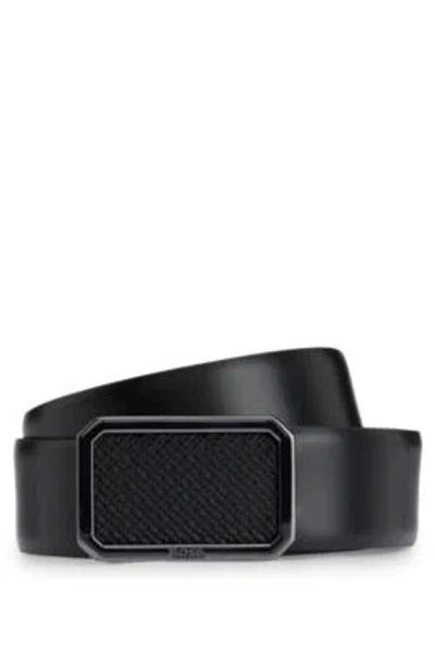 Hugo Boss Italian-leather Belt With Plaque Monogram Buckle In Black