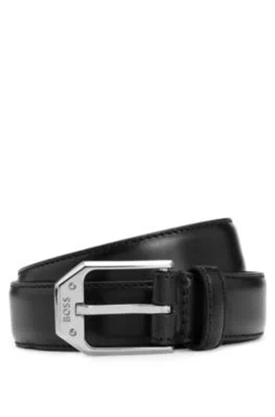 Hugo Boss Italian-leather Belt With Polished Silverware Logo In Black