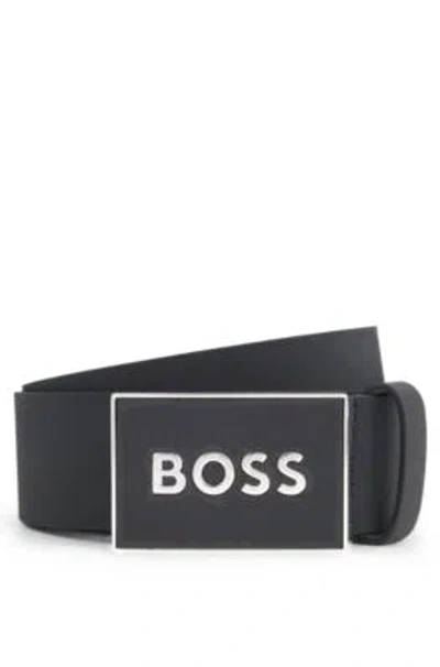 Hugo Boss Italian-leather Belt With Textured Plaque Buckle In Black