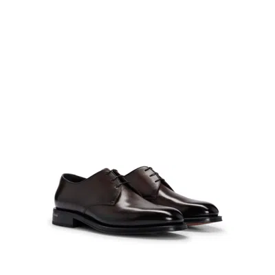 Hugo Boss Italian-made Derby Shoes In Burnished Leather In Dark Brown