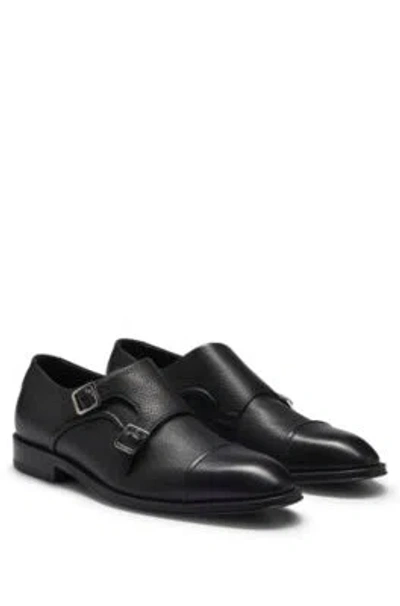 Hugo Boss Italian-made Double-strap Monk Shoes In Grained Leather In Black