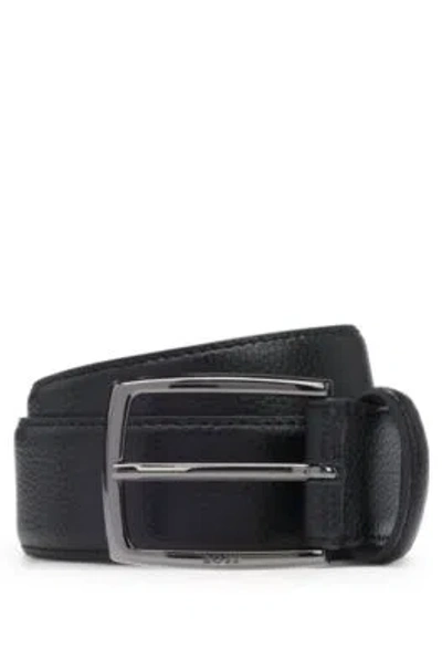 Hugo Boss Italian-made Grained-leather Belt With Logo Buckle In Black