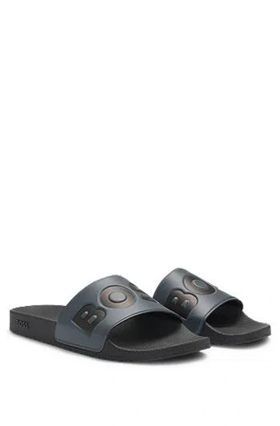 Hugo Boss Italian-made Slides With Large Logo Detail In Medium Grey 036