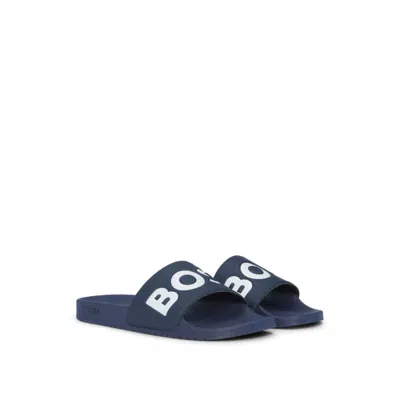 Hugo Boss Italian-made Slides With Large Logo Detail In Blue
