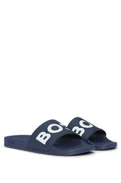 Hugo Boss Italian-made Slides With Raised Logo In Dark Blue 405
