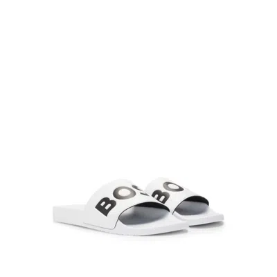 Hugo Boss Italian-made Slides With Large Logo Detail In White