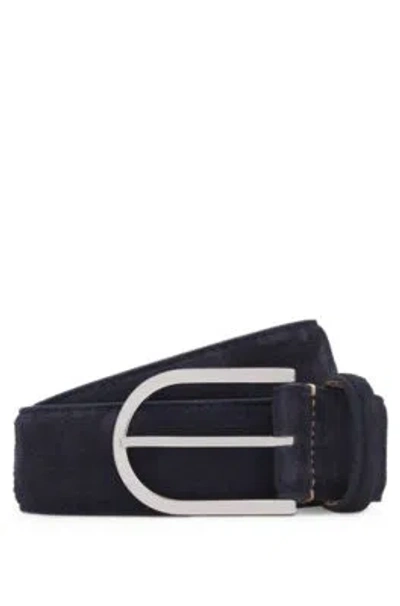 Hugo Boss Italian-suede Belt With Rounded Brass Buckle In Blue