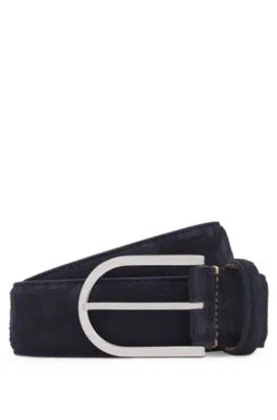 Hugo Boss Italian-suede Belt With Rounded Brass Buckle In Dark Blue