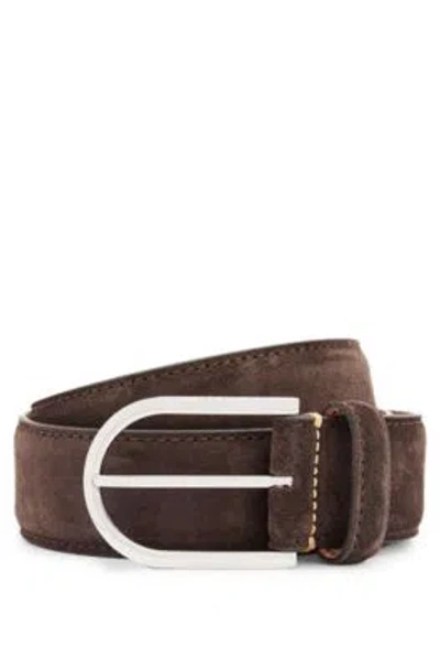 Hugo Boss Italian-suede Belt With Rounded Brass Buckle In Dark Brown