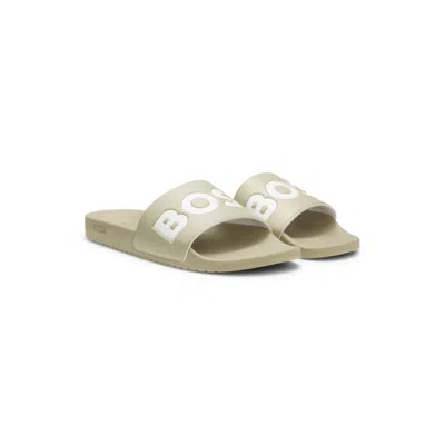 Hugo Boss Italian-made Slides With Large Logo Detail In Green