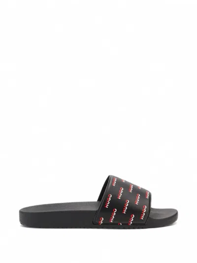 Hugo Boss Italian-made Slides With Split-logo Uppers In Black